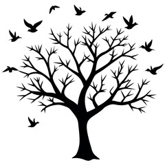 Fototapeta premium Bare tree silhouette with birds flying away vector. 