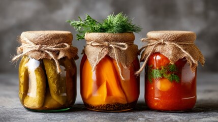 Jars of Colorful Pickled Vegetables with Fresh Herbs Tied with Twine on Gray Background for Culinary Use