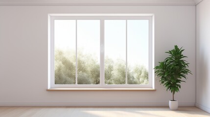 Large window in a room with view of a field. empty room and has a wooden floor
