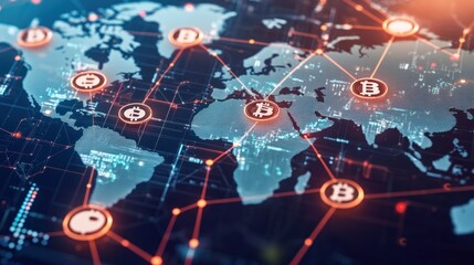 Global Cryptocurrency Network.  A worldwide digital currency network, depicted as a map with interconnected nodes representing cryptocurrencies and their global reach. 