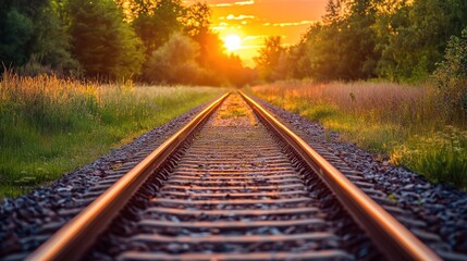 Fototapeta premium Golden sunset over railway tracks