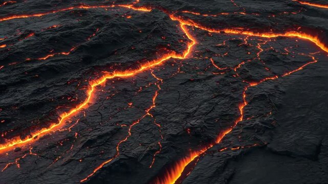 A close up view of cracked black earth with bright orange lava flowing through the cracks