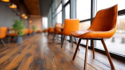 Modern Orange Chair in Trendy Café Interior with Natural Light and Warm Atmosphere