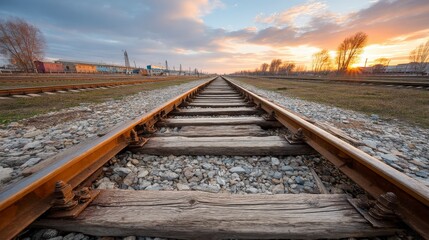 Fototapeta premium Serene Sunset View Over Train Tracks with Wooden Sleeper and Gravel Under a Colorful Sky in Tranquil Landscape