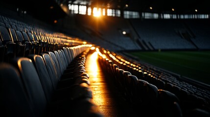 Fototapeta premium Serene Evening Light Over Empty Stadium Seats Reflecting Warm Glow in Late Afternoon Sunlight Captured in Stunning Detail