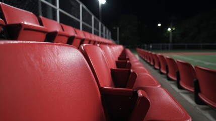 Nighttime View of Empty Red Stadium Seats with Bright Lights Illuminating a Sports Field in the Background