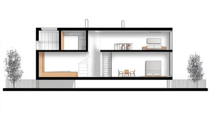 Modern Architectural Cross-Section of Contemporary House with Open Layout and Minimalist Design Features