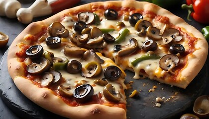 A delicious pizza topped with mushrooms and olives on a dark surface