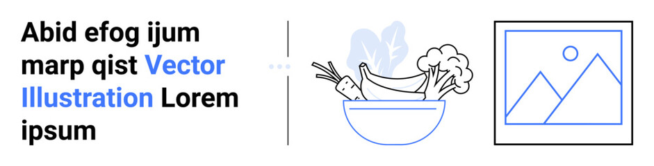 Bowl of bananas, broccoli, and carrots in a clean linear style. Ideal for nutrition, healthy eating, organic food, wellness, diet guides, market branding simple landing page
