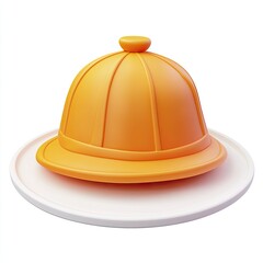 3D Render of a Bright Orange Hotel Bellhop Hat on a White Plate  Isolated on White Background