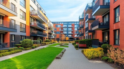 Fototapeta premium Apartment complex courtyard with green landscaping and walking paths