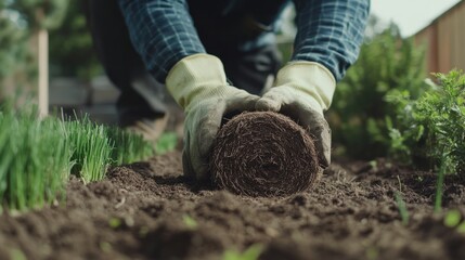 Fototapeta premium Landscaper laying sod in a backyard garden. Featuring landscaping work and garden care