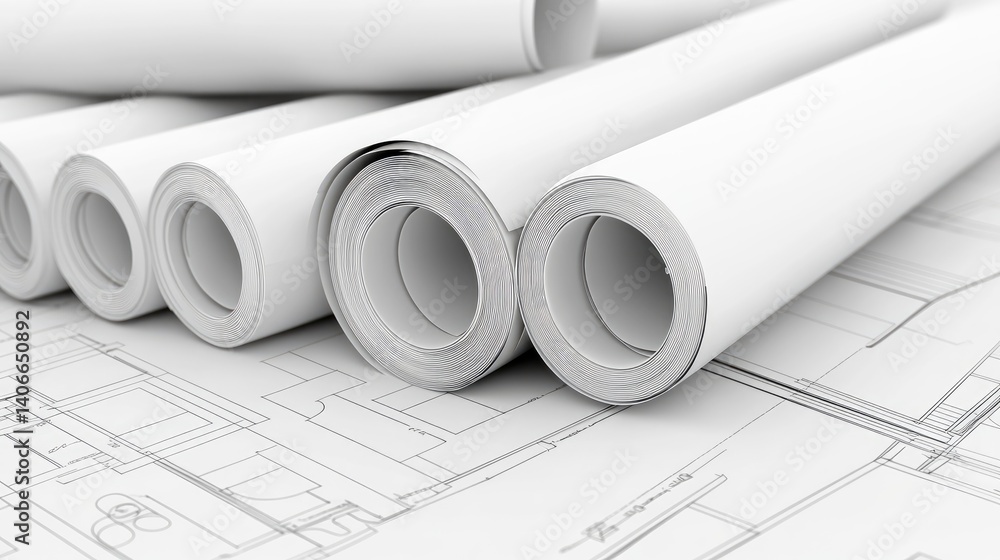Poster architect blueprints with rolled-up property plans and home model on drafting table