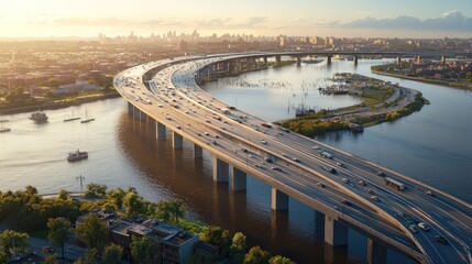 Urban highway bridge over a river, sunrise view