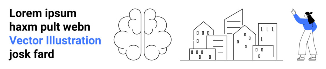 Brain, urban buildings, and woman pointing toward text highlight creativity, intelligence, urbanization, communication, knowledge sharing, productivity and interaction. Ideal for education urban