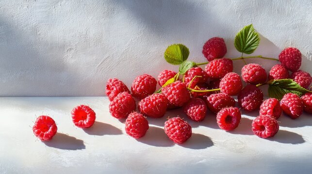 Vibrant red raspberries scattered and stacked, isolated on white with shadow and bright lighting