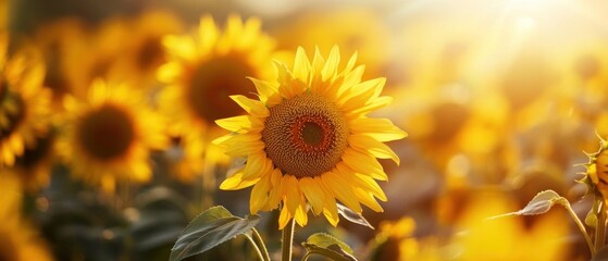 Fototapeta premium Radiant Sunflower Field Bathed in Golden Sunlight During Summer Time