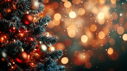 Closeup of Decorated Christmas Tree with Warm Lighting