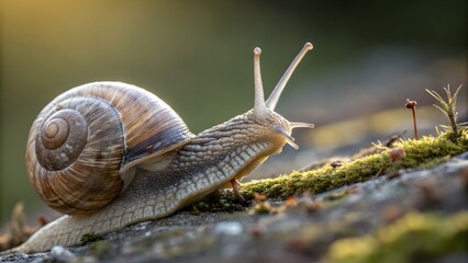 Close-up macro image showing a snail’s antennae reaching out, highlighting texture and detail. Suitable for nature photography, mollusk studies, and slow movement concepts.