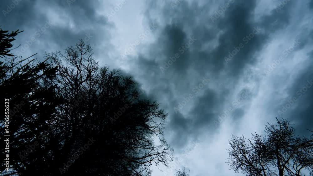 Poster silhouetted trees on fast moving timelapse of dark storm clouds passing overhead with blue hour sky.