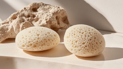 Two Round White Pumice Stones on Beige Surface