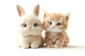 Adorable fluffy bunny and ginger kitten sitting together, a heartwarming image of friendship.