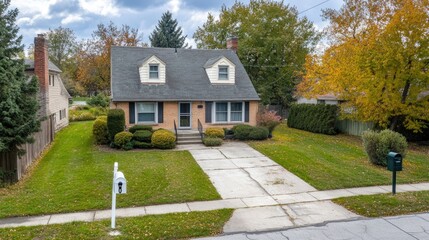 Obraz premium Cozy suburban home with a tidy front lawn and mailbox, ready for property listing