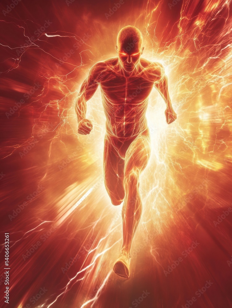 Poster Dynamic figure of a running athlete surrounded by stylized lightning burst on a red background depicting energy and motion