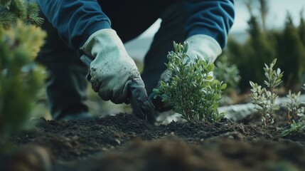 Naklejka premium Landscaper planting shrubs in a garden bed. Featuring outdoor landscaping and gardening