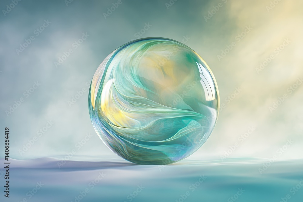 Poster a translucent teal egg with swirling, marbled patterns rests on a soft, ethereal surface.