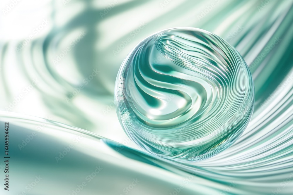 Poster a translucent teal sphere rests on a swirling, abstract background of similar hues, creating a seren
