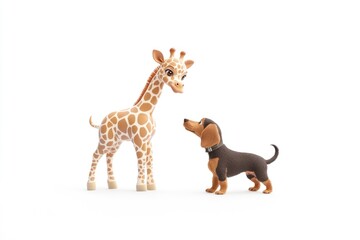 Fototapeta premium A cute cartoon giraffe and dachshund look at each other curiously, creating a heartwarming scene.