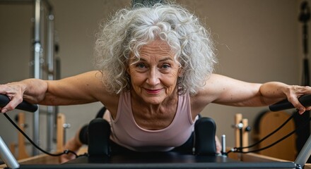 Senior woman exercising with a reformer in a gym