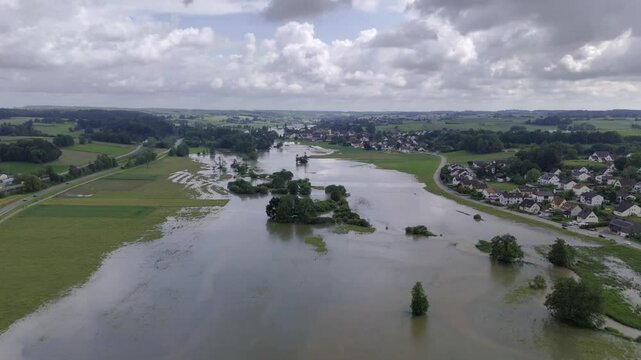 Fly over flooded Ilm near Pfaffenhofen during high water 2024 in Germany, Bavaria.