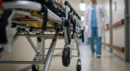 Doctor walking with stretcher in hospital corridor  
