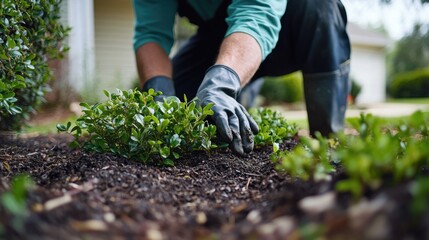 Fototapeta premium Landscaper planting shrubs in a suburban front yard. Featuring landscaping and garden design