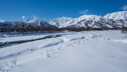 Obraz premium 快晴の空と雪の北アルプス 長野県白馬村