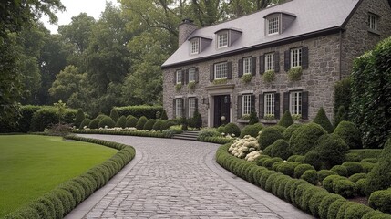 Obraz premium Landscaped driveway leading to stone home with elegant real estate signboard