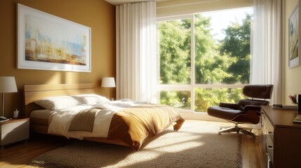 Sunlight streams into a cozy, modern bedroom.