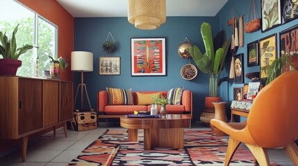 Mid-century modern apartment interior with vibrant decor and vintage pieces