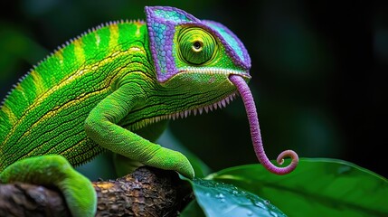 Fototapeta premium Vibrant green chameleon catching prey close up