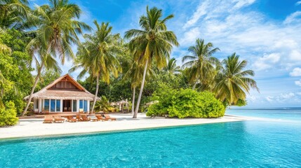 Fototapeta premium Oceanfront villa property with infinity pool and clear blue sky in background