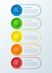 Five steps or options vertical vector infographic design template with thin icons and text.