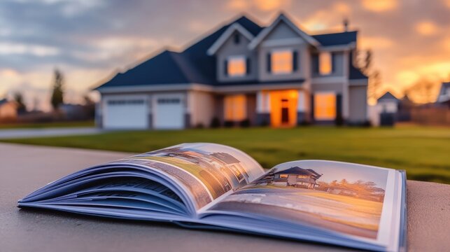 Real estate brochure in foreground with beautiful home in background - Powered by Adobe