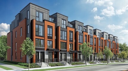 Naklejka premium Row of newly built townhouses with identical designs and clean streets showcasing residential development