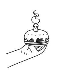 hand drawing doodle hand holding birthday cake
