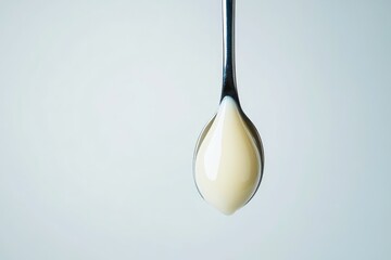A spoonful of creamy, pale yellow liquid, possibly condensed milk or a similar dairy product, against a light-grey background.