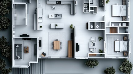 Aerial view of a modern, minimalist home layout featuring rooms, furniture, and outdoor greenery.