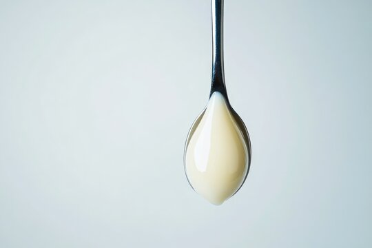 A spoonful of creamy, pale yellow liquid, possibly condensed milk or a similar dairy product, against a light-grey background.