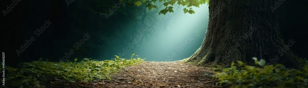 Poster a serene forest scene with a large tree, soft light filtering through leaves, creating a peaceful an